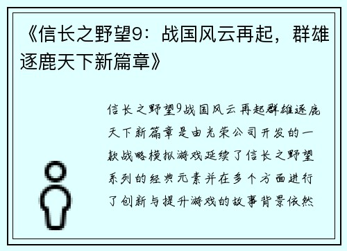 《信长之野望9：战国风云再起，群雄逐鹿天下新篇章》